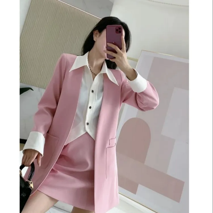 假两件拼接西装外套+后松紧半身裙两件套