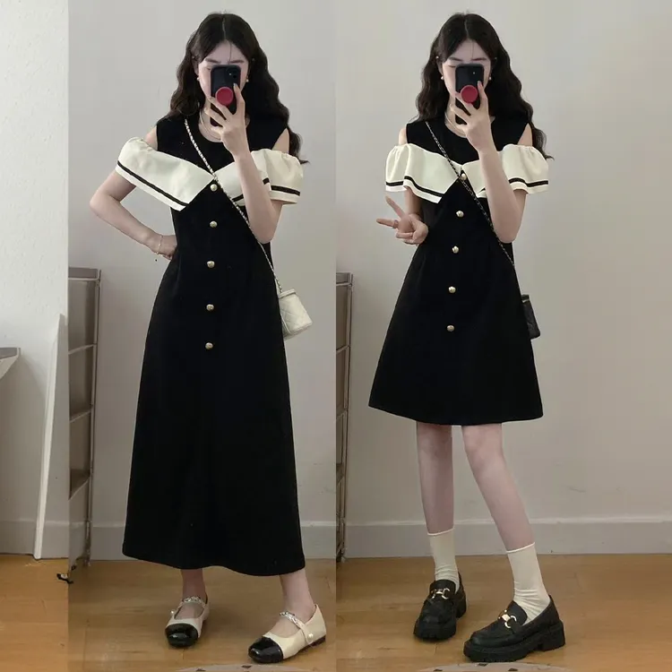 夏季新款法式洋气露肩连衣裙胖妹妹遮肉显瘦高级感气质拼色A字裙