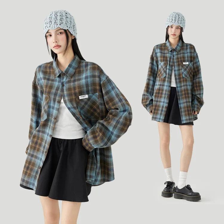GOLFCROSS经典复古潮牌格子长袖衬衫宽松百搭休闲情侣款外穿衬衣