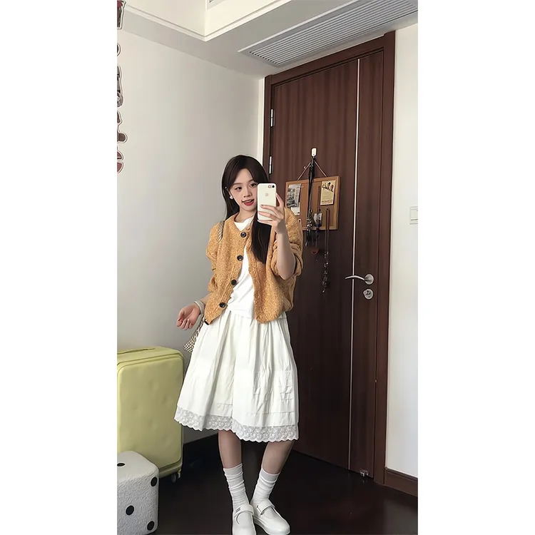 早秋慵懒风黄色毛衣外套女2025秋季新款开衫针织上衣白色半身裙
