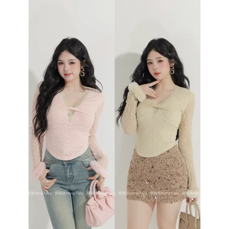 现货萌面侠【摩卡旋律】纯欲设计感弹力蕾丝拼接锁温磨毛上衣7077M