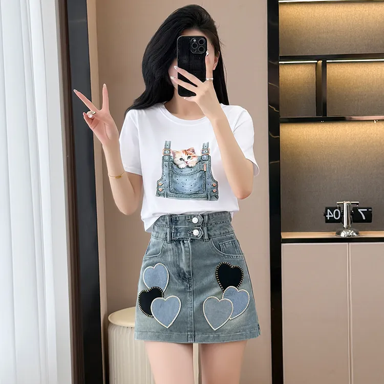 棉质短袖T恤刺绣牛仔裙裤套装女夏季时尚百搭上衣裙裤两件套女