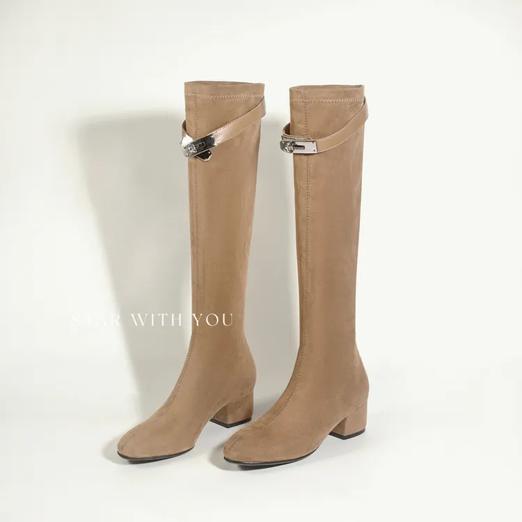 【STAR】复古绒面气质百搭粗跟圆头贵气凯莉扣显瘦瘦瘦靴4cm