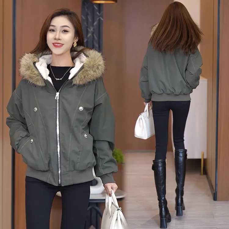 时尚毛领派克棉服女2025冬季新款洋气宽松显瘦加绒加厚连帽棉袄潮