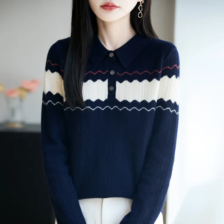 哥弟阿玛施正品女士针织衫半开衫不缩水翻领提花上衣轻便柔软舒适