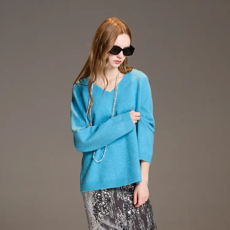 三彩2025冬季新款慵懒宽松V领针织衫长袖套头衫上衣毛衫简约M