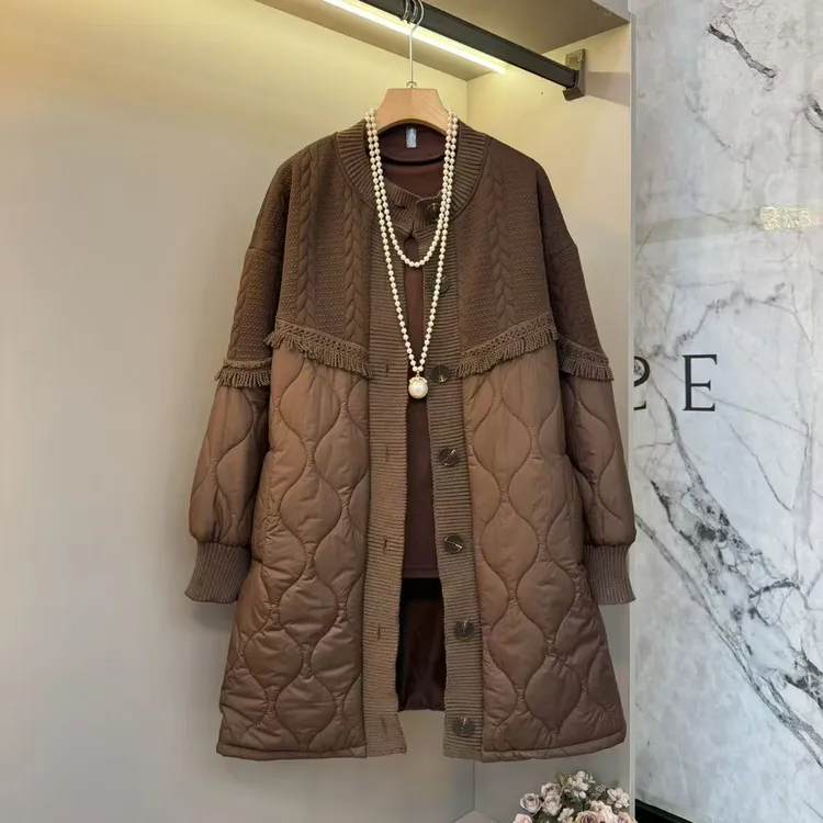 2025秋新款简约拼接流苏圆领洋气胖mm显瘦宽松设计薄棉外套905