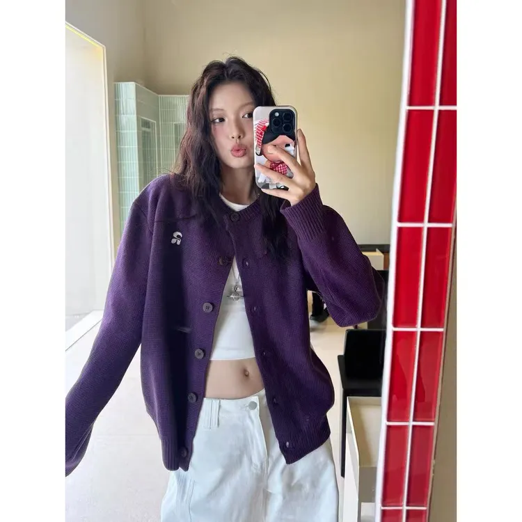 BESOBER 超显白紫色毛衣开衫外套女秋季休闲宽松针织开衫上衣