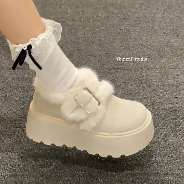 白色加绒加厚保暖厚底雪地棉鞋女冬外穿2025新款百搭增高勃肯鞋子