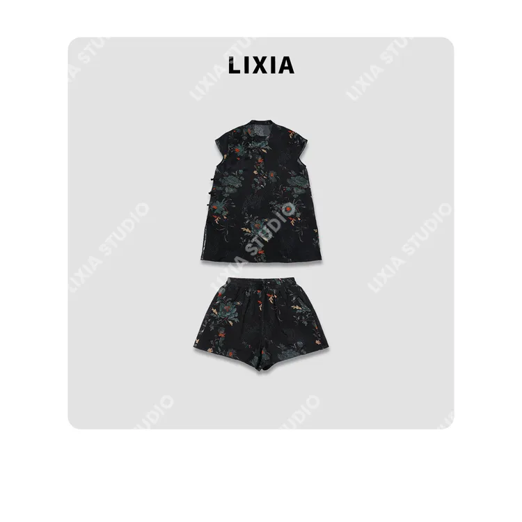 LIXIA【国色天香】新国风个性花卉图案人丝马甲短裤套装-D8609