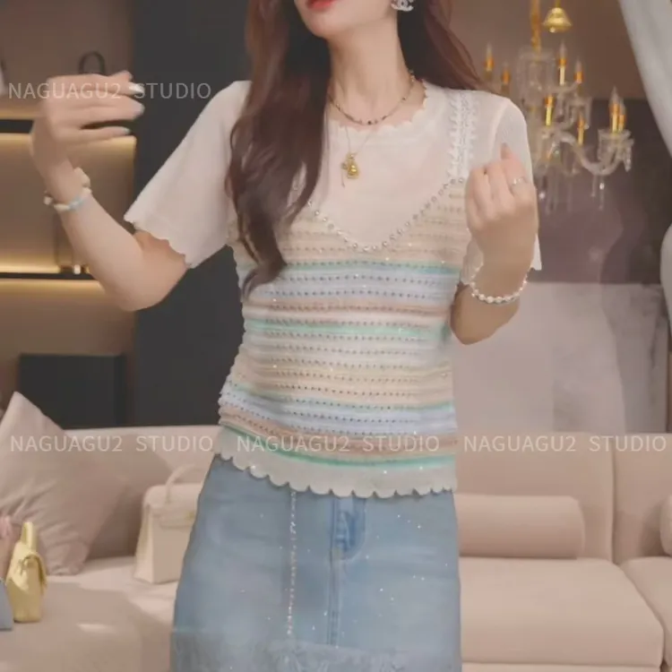 2025夏季钉钻设计感拼色条纹假两件短袖针织衫