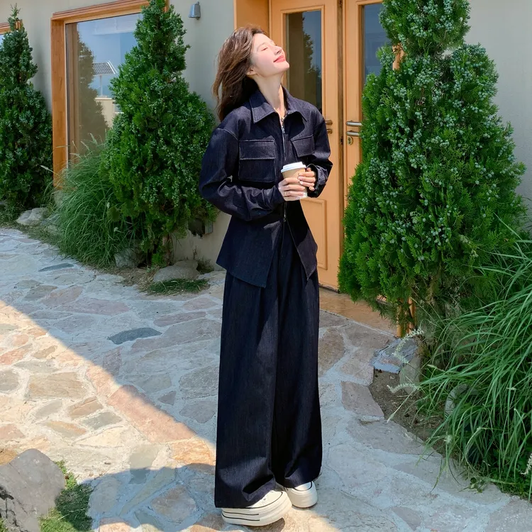 高级质感藏青色套装裤女2025秋季新款仿牛仔复古上衣阔腿裤两件套