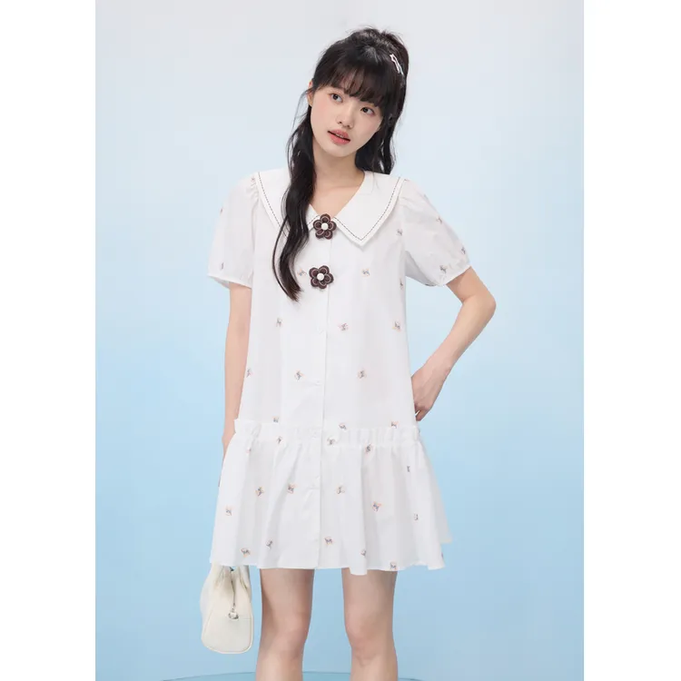 紫涵撞色翻领绣花连衣裙女2025年夏季新款甜美减龄短裙Z5Z04BS350