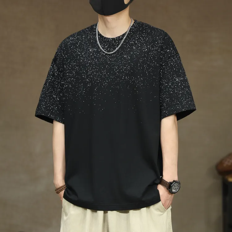 高端凉感满天星短袖T恤男黑色夏季新款宽松大码重磅男士体恤纯棉