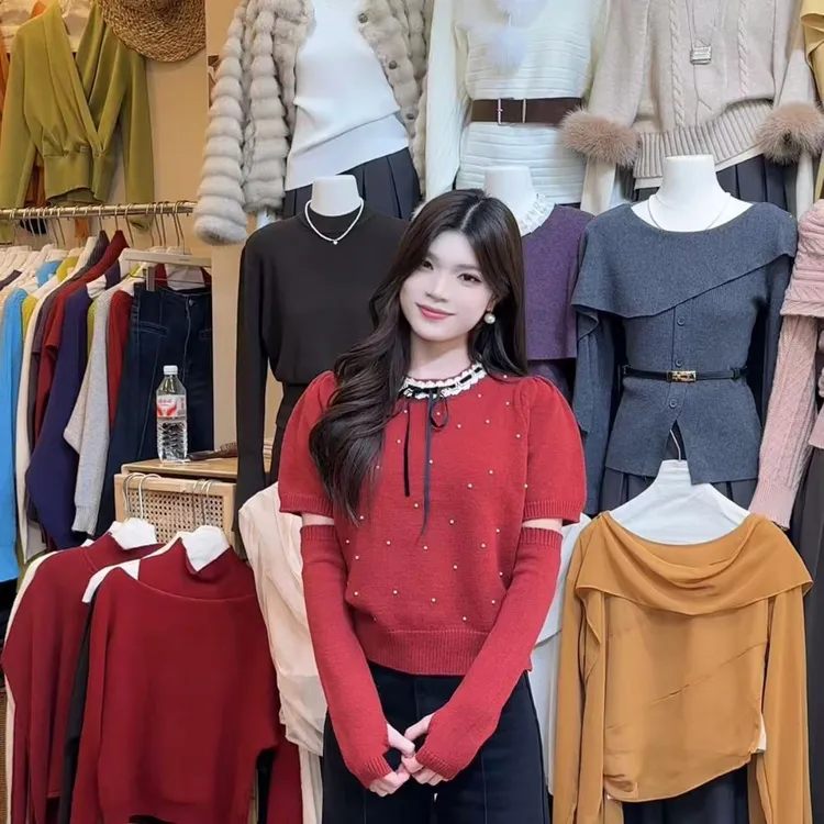 纯欲珍珠设计感新年保暖毛衣配可拆卸袖套，套装