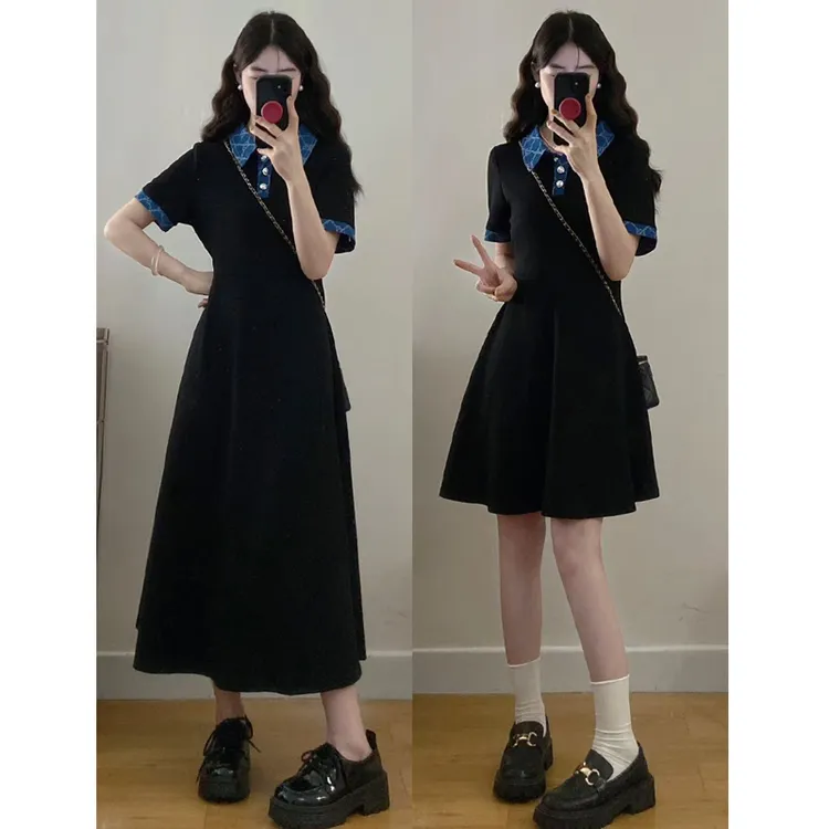 大码女装胖mm韩版新款设计感时尚牛仔拼色气质显瘦连衣裙黑色长裙