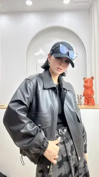 真皮头层绵羊皮学院风春季皮衣落肩皮外套皮夹克女装百搭2502