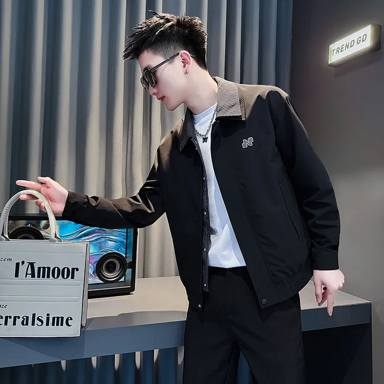 高级感拼接翻领夹克男士春秋季潮牌百搭外套2025新款潮流男装上衣