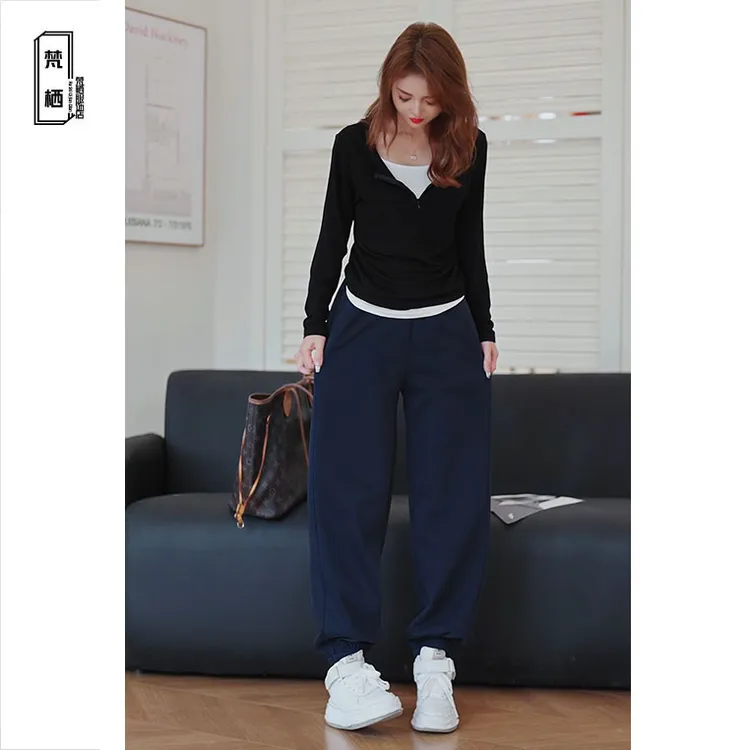 2025秋冬新款高腰显瘦刺绣小标束脚裤女时尚宽松卫裤慵懒风裤子