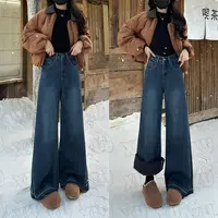 【加绒/不加绒】7283 W不贴腿大阔腿微喇复古色牛仔裤女高腰拖地裤