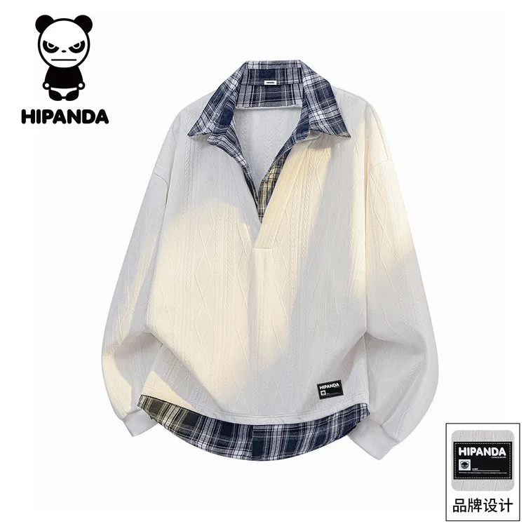 Hi Panda你好熊猫秋季新款美式假两件翻领卫衣男士宽松休闲上衣服