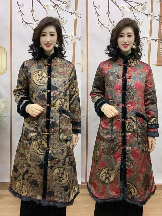 【沐丹阁】夹层棉保暖长款棉服冬季中老年妈妈装中式立领棉服外套