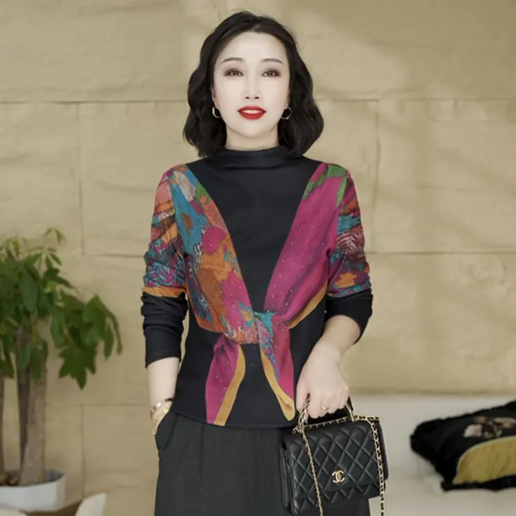 秋季新款洋气时尚拼色印花长袖半高领打底衫修身显瘦时尚上衣