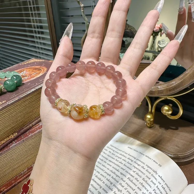 【绮梦花园】10m黄塔金 +粉草莓手串原创设计天然水晶小众珠宝J003