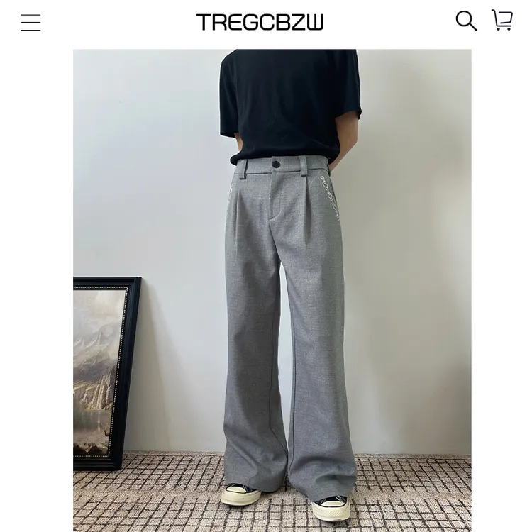 CBZW2025高级灰极简刺绣休闲西裤男cleanfit垂坠感微喇显高直筒裤
