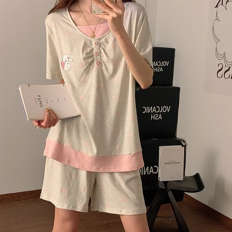 日系可爱猫咪睡衣女款莫代尔棉灰色短袖短裤学生可外穿家居服套装