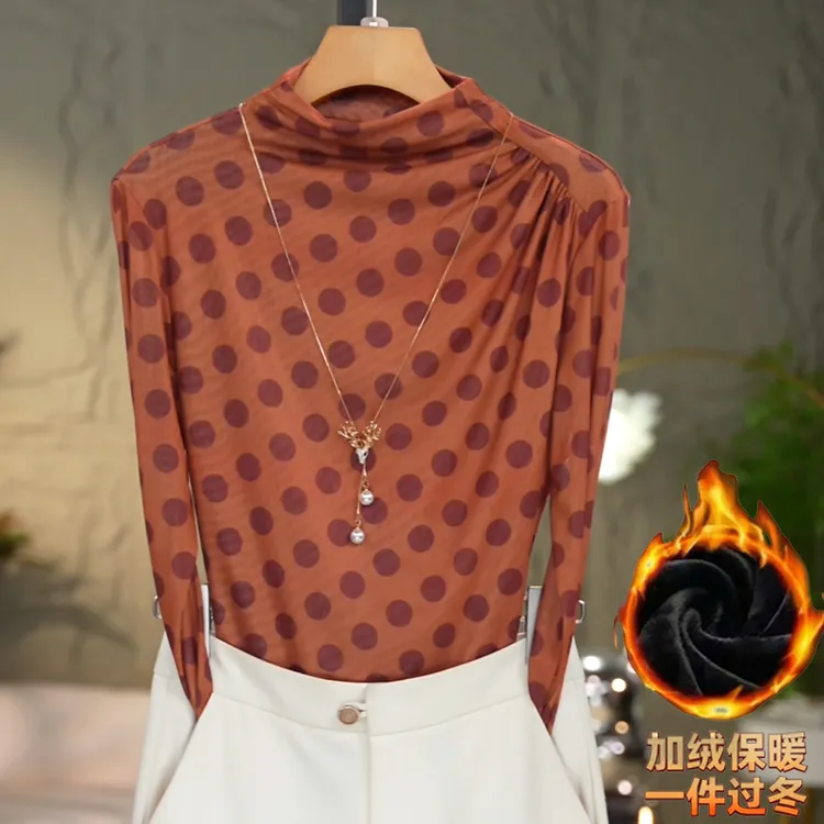 706#2025秋冬洋气高贵半高领打底衫时尚百搭网纱长袖修身显瘦T恤