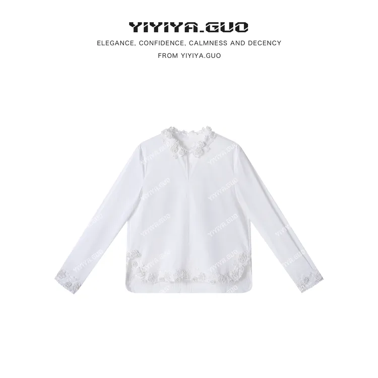 yiyiya.Guo艺艺吖【白瓷欢】百搭蕾丝刺绣钉珠长袖上衣090199SS52
