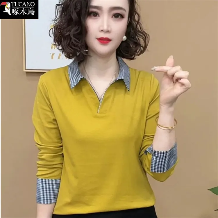 啄木鸟秋季长袖翻领T恤女洋气百搭POLO衫2025年新款拼接撞色上衣