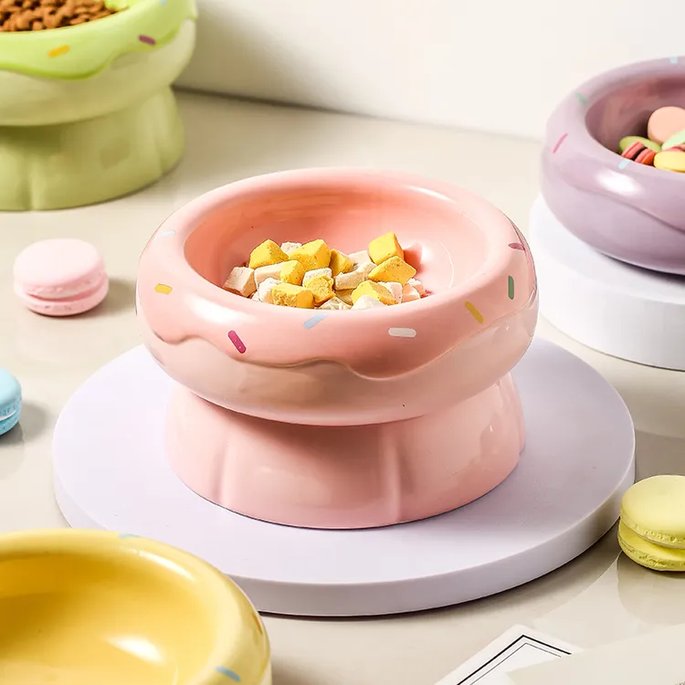 【新品】猫碗陶瓷狗碗甜甜圈高颜值宠物碗高脚加大口径分离水粮双碗