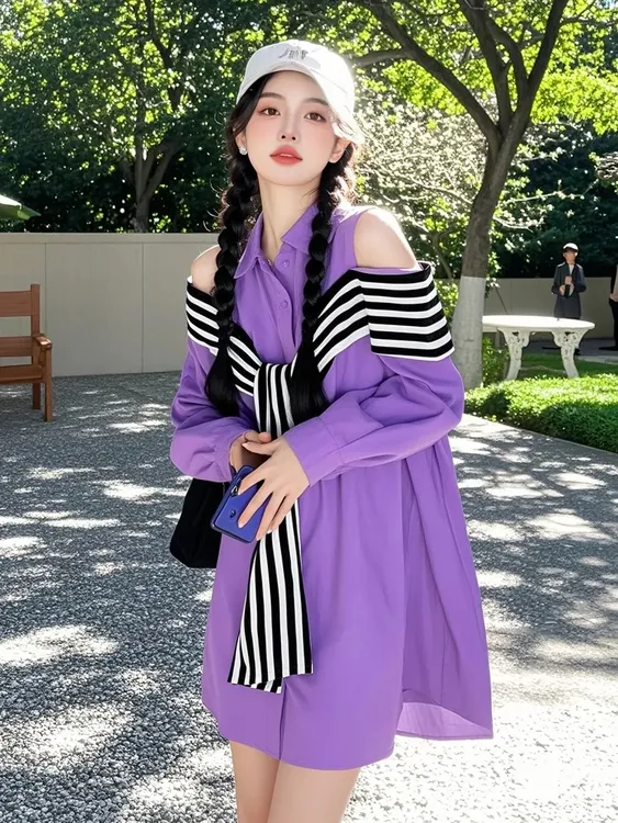 SS533春多巴胺穿搭漂亮独特小香风紫色条纹拼接露肩衬衫连衣裙女