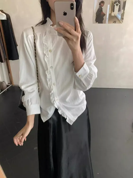 韩系时尚套装不规则木耳边长袖衬衫女装秋季2025新款半身裙两件套