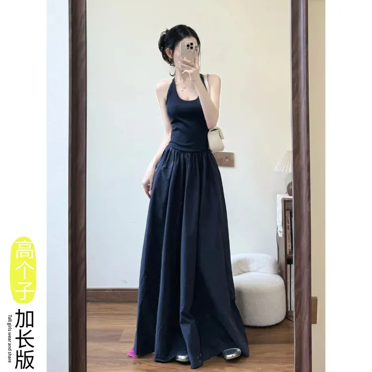 175高个子加长版纯欲风吊带连衣裙女夏季气质显瘦A字慵懒长裙2524
