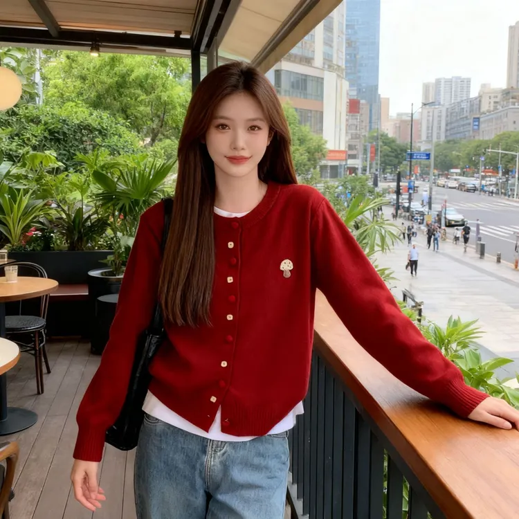 【大码】新蘑菇刺绣针织开衫圆领气质时尚减龄厚款纯色韩版毛衣Q139