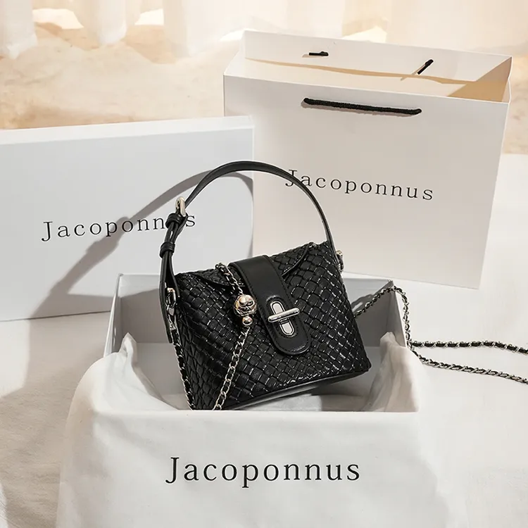 【雅各邦】雅丹黑色编织纹小托特包通勤小众感设计手拎斜挎水桶包