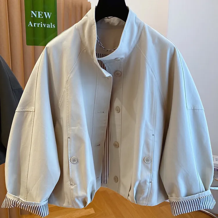 欧货英伦风立领夹克外套女2025新款宽松休闲内里条纹短款风衣上衣