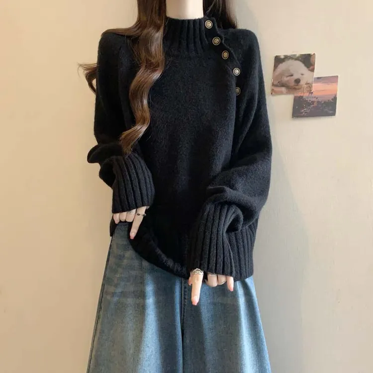 大码女装遮肚子韩版半高领针织毛衣女秋冬胖妹妹宽松百搭正肩上衣