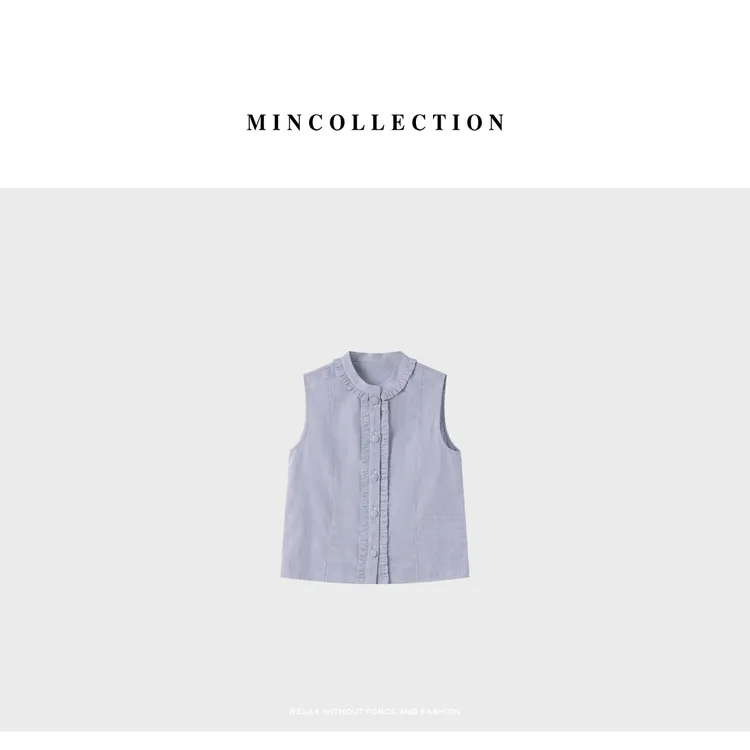 DE Mincollection条纹无袖衬衫/色织条纹木耳边压褶无袖衬衫40512