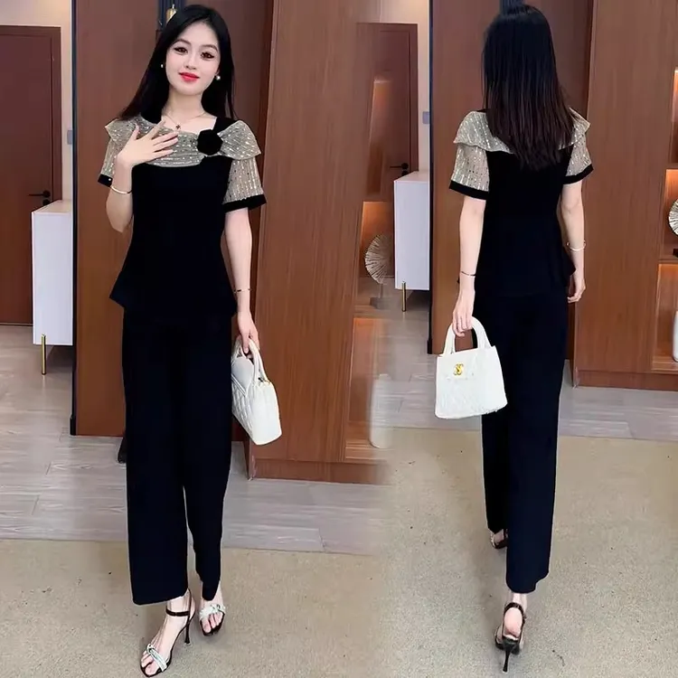 小众套装女夏季洋气质显瘦蕾丝拼接冰丝短袖小衫高腰阔腿裤两件套