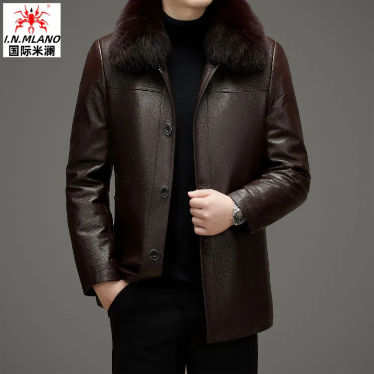 【牛皮】真皮皮衣男海宁中长款皮夹克中年人加厚保暖冬装高档外套男