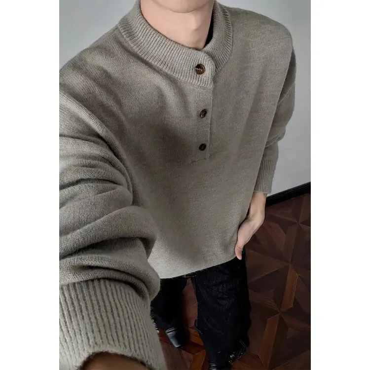 灰色美式亨利领毛衣男款早秋高级感慵懒风打底针织衫cleanfit内搭