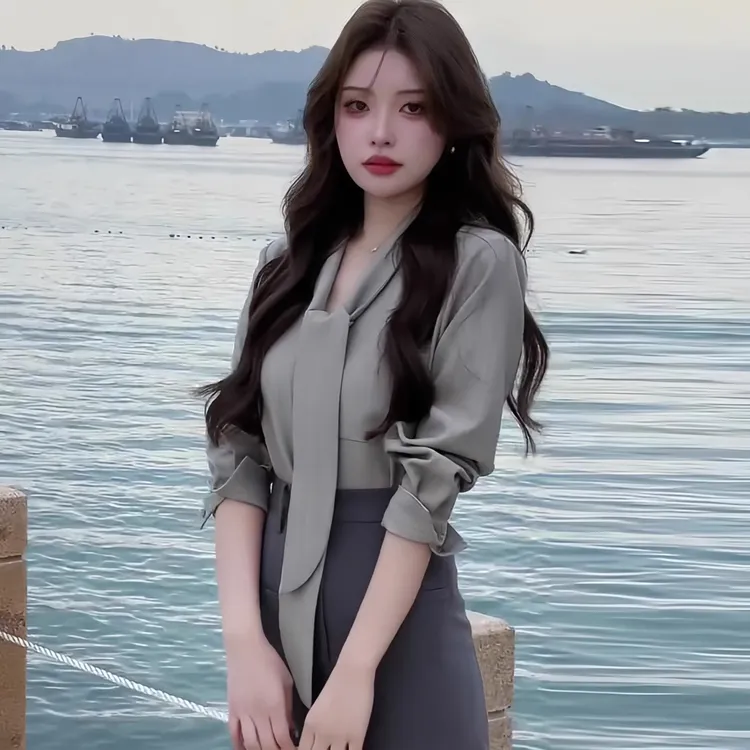 法式气质系带V领条纹长袖衬衫女2025早秋新款显瘦高腰半身裙套装