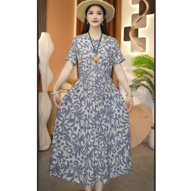 【青花瓷】夏季棉绸裙子新款时尚短袖系带大码宽松中长款连衣裙 