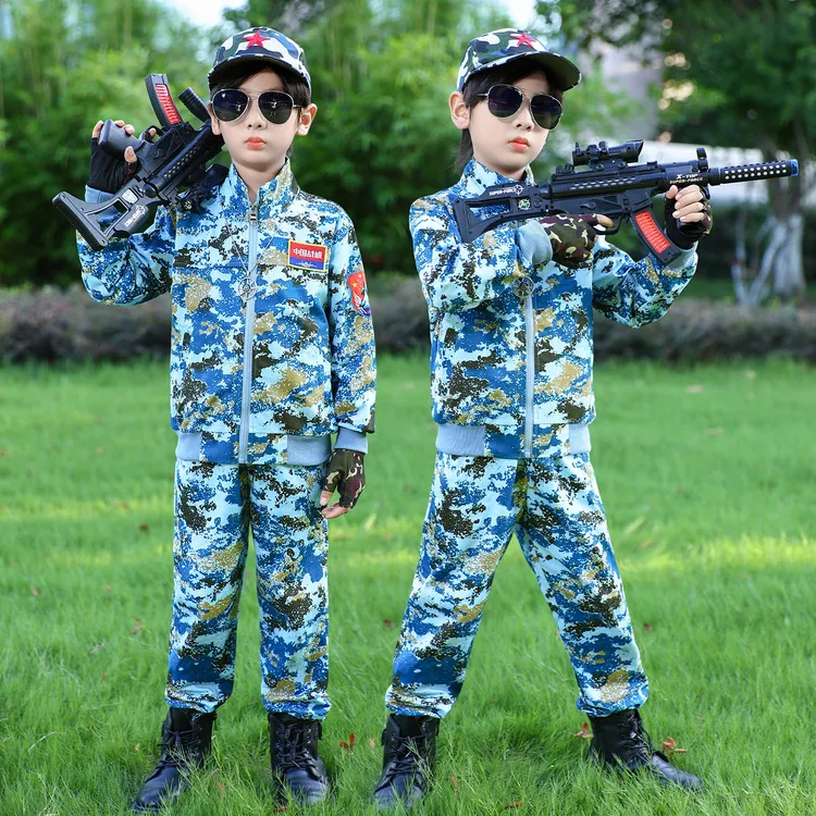 儿童迷彩服套装秋季蓝色长袖军装学生军训服男童特种兵空军拉链款