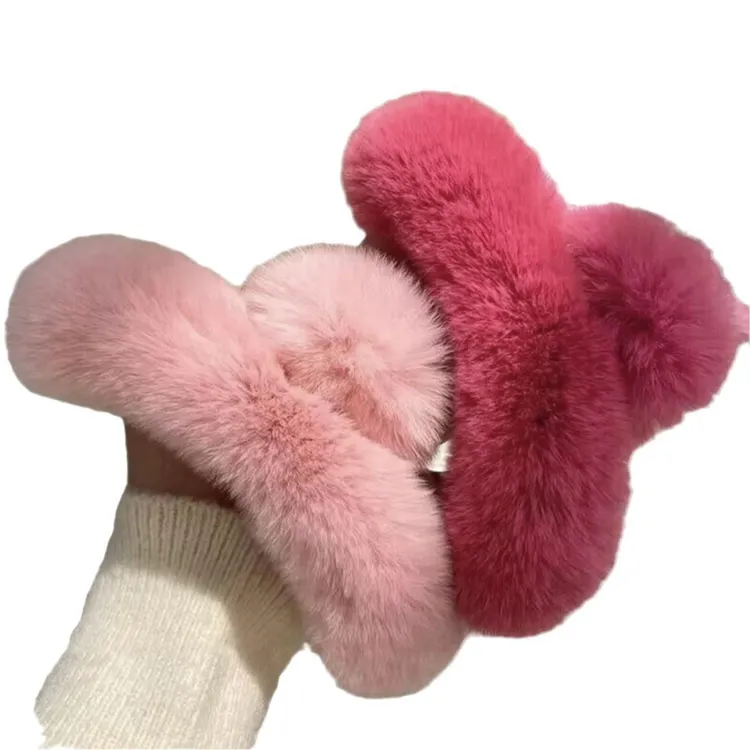 秋冬款大号发夹后脑勺毛毛抓夹鲨鱼夹毛绒头饰新年玫红色显白