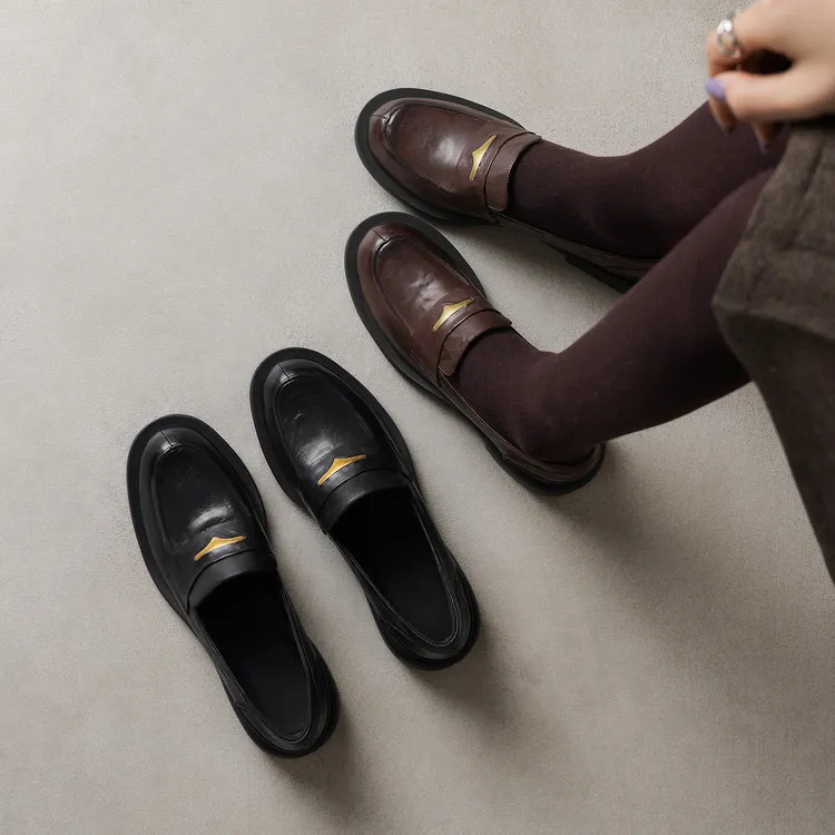 牛皮 跟3cm 34-40新款圆头厚底粗跟单鞋英伦风百搭一脚蹬乐福鞋女